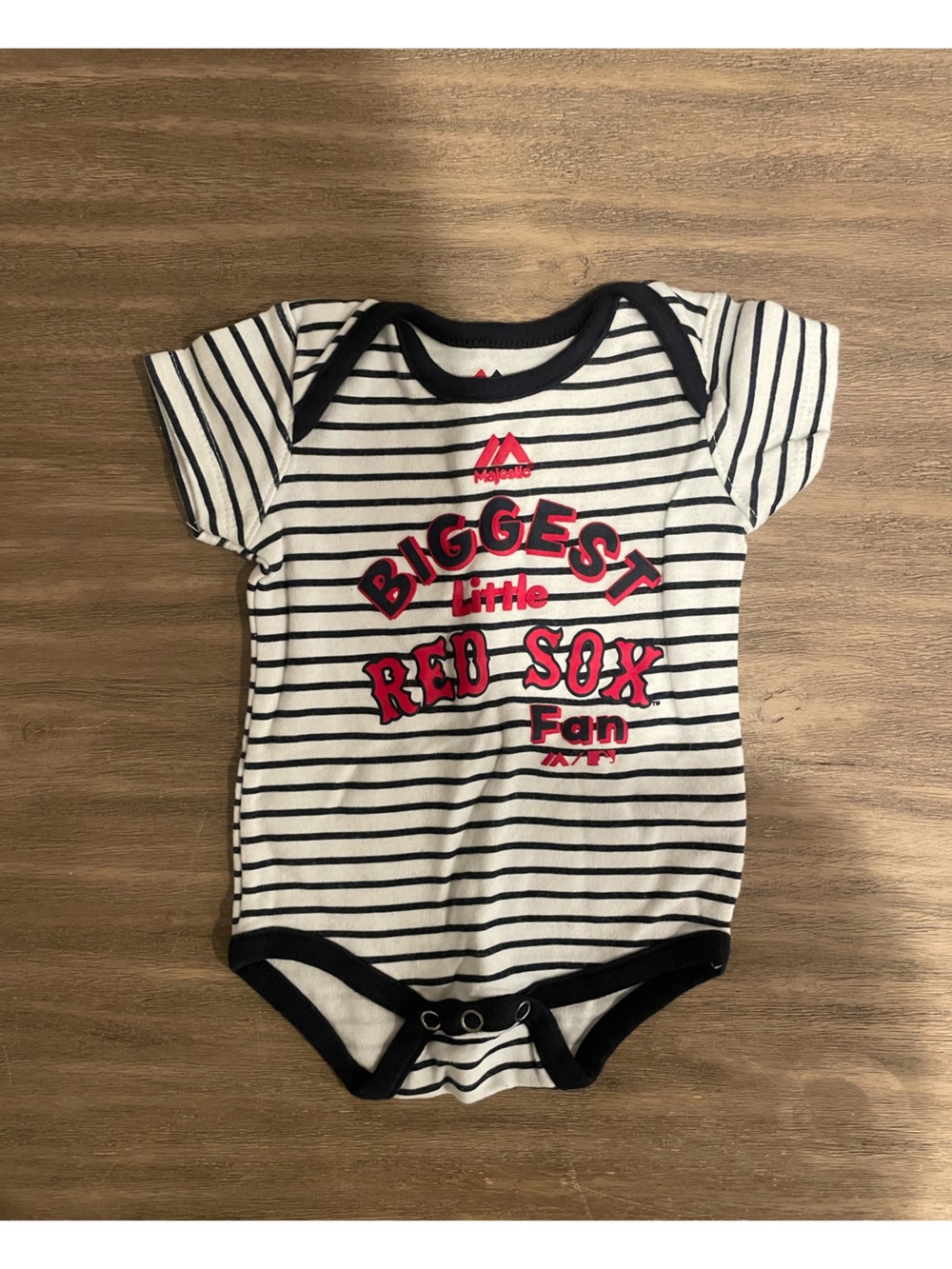 Majestic Black & White Striped "Biggest Little Red Sox Fan" Baby Bodysuit
